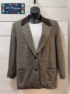 SAN FRANCISCO Tradition Brown Plaid Blazer Suede Collar Size 13 Vintage 90s